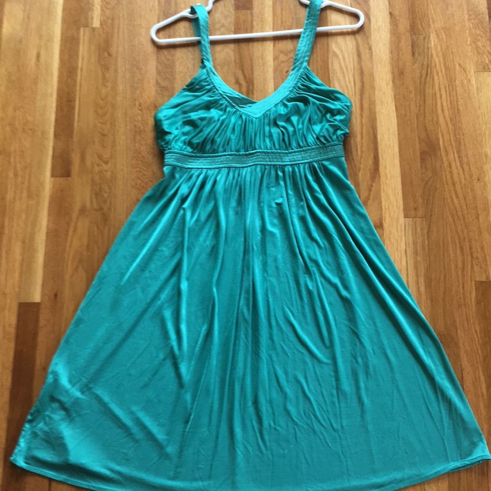 Satin and silk teal Grecian gown with gold accents